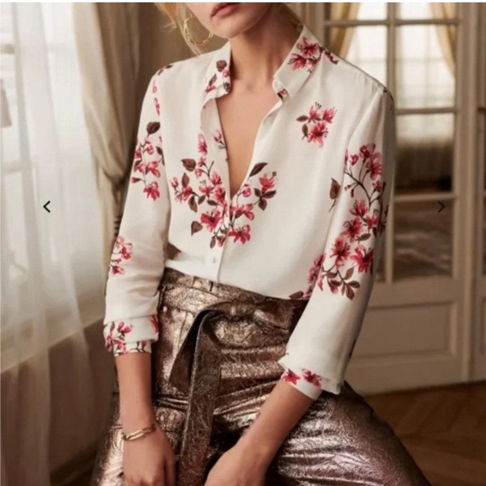 Sezane Floral Blouse in White and Pink